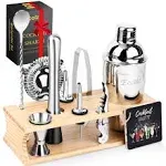 Eocolz Bartender Kit with Stylish Bamboo Stand, 11 Piece 25oz Cocktail Shaker Set for Mixed Drink, Professional Stainless Steel Bar Tool Set, Gift for Man