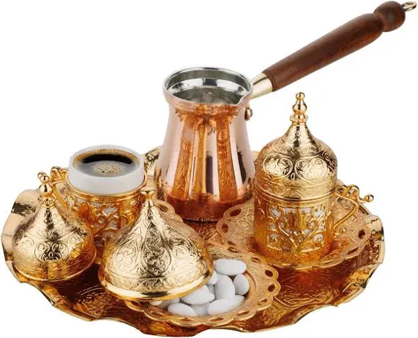 DEMMEX Turkish Greek Arabic Coffee Making and Serving Full Set with Cups, Saucers, Lids, Sugar Bowl, Tray and Antiqued Copper Coffee Pot, 12 Pcs (Antique Brass)