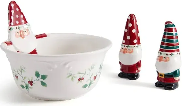 Pfaltzgraff Winterberry Gnome Serve Bowl with Salt and Pepper Set, 7.25 Inch, Multicolored