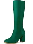 Allegra K Women&#039;s Round Toe Zip Block Heels Knee High Boots 