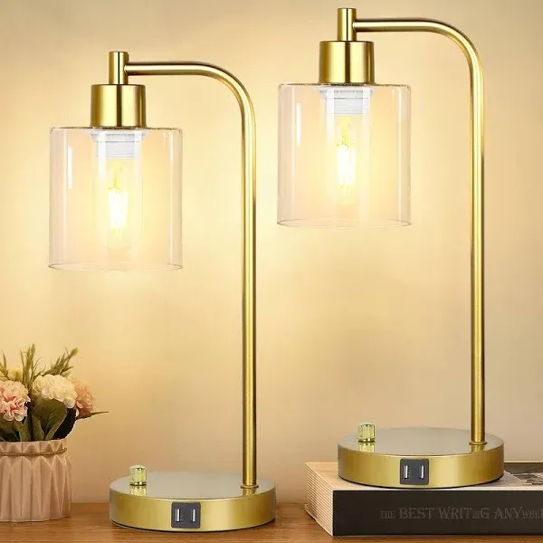 Set of 2 Dimmable Industrial Table Lamps W/ Dual USB Ports 2 LED Bulbs Included