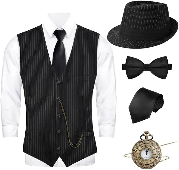 1920s Men's Great Gatsby Vest Fedora Hat with Pocket Watch