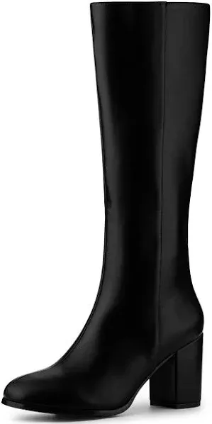 Allegra K Women&#039;s Round Toe Zip Block Heels Knee High Boots 