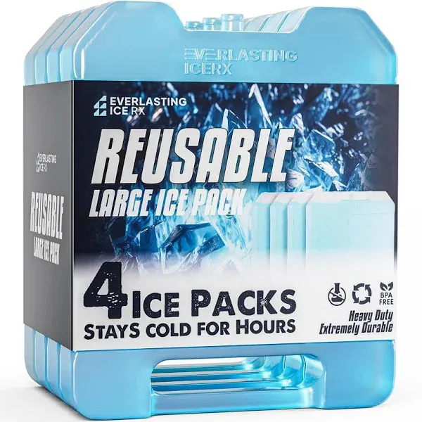 Everlasting Ice RX Large Reusable Ice Packs for Cooler with Handle (4 Pack) Long Lasting Coolness, BPA Free, Freezer Packs for Extended Cooling | Cooler Ice Packs for Camping, Fishing, Hiking, Beach