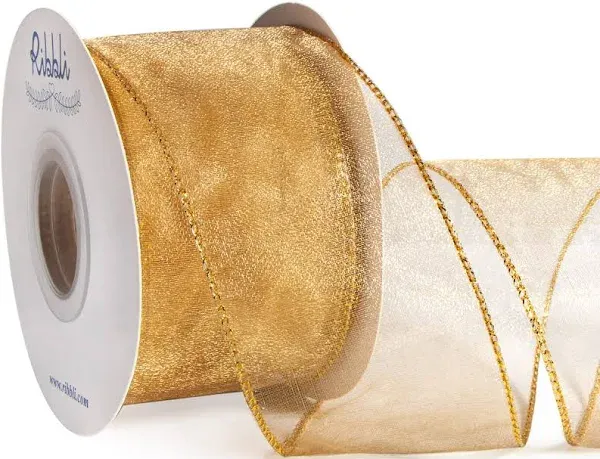 Ribbli Gold Organza Wired Ribbon, Old Gold Sheer Ribbon with Metallic Edge,2-1/2 Inch x 20 Yards Christmas Tree Ribbon for Decoration, Wired Ribbon for Large Gift Wrapping,Wedding Decoration.