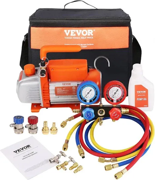 VEVOR 1/5 HP HVAC Vacuum Pump and Gauge Set 3.5 CFM Manifold Gauge Kit with Hose