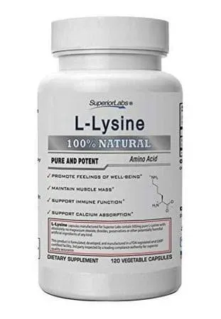 Superior Labs – Best L-Lysine NonGMO Dietary Supplement –500 mg Pure Active L-Lysine – 120 Vegetable Capsules – Supports Calcium Absorption –