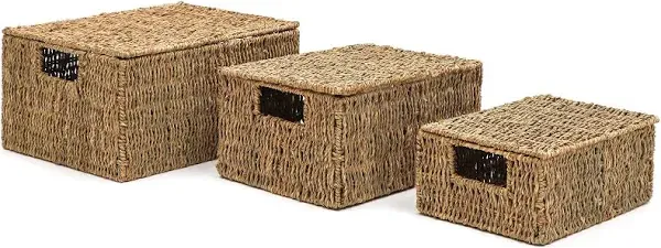 Trademark Innovations Set of 3 Rectangular Seagrass Baskets with Lids, Natural (Large)