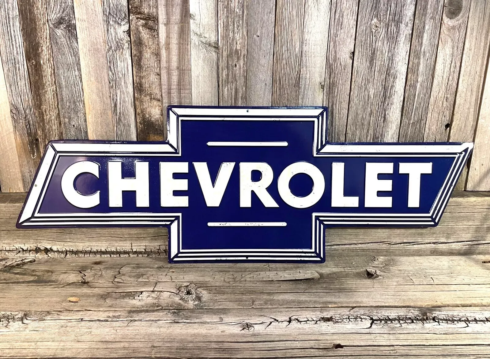 Chevrolet Chevy Emblem Logo Bow Tie 28&#034; Embossed Metal Tin Sign Vintage Garage