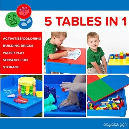 Play Platoon 5 in 1 Kids Activity Table and Chair Set- Stem Table for Toddlers with Water Table, Building Block Table, Craft & Sensory Table for Toddlers with 2 Chairs & 25 XL Blocks – Blue and Green