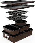 NutriChef 8-Piece Nonstick Stackable Bakeware Set PFOA, PFOS, PTFE Free w/ Non-Stick Coating, Brown