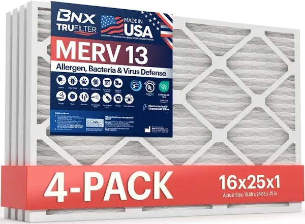 BNX TruFilter 16x25x1 Air Filter MERV 13 (6-pack) - Made in USA - Electrostatic Pleated Air Conditioner HVAC AC Furnace Filters