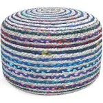 Simpli Home Margo Round Pouf in Blue Braided Jute