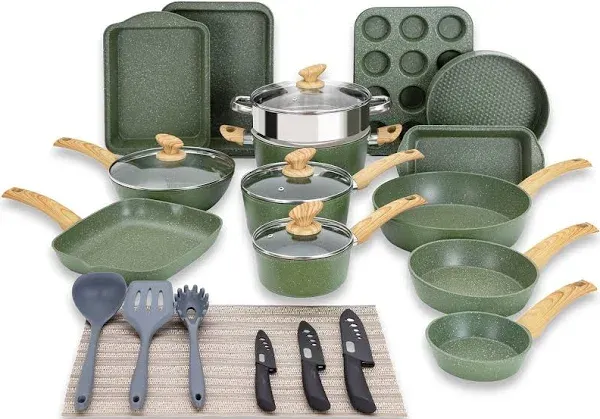 30 Piece Pots and Pans Set Non Stick, Nonstick Induction Granite Kitchen Cookware Sets, Induction Cookware and Bakeware Set, Nonstick Granite Cooking Set, Pan Sets for Cooking, Green