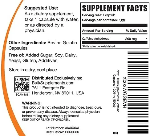 Bulksupplements.com Caffeine Capsules - Caffeine Supplements, Caffeine Pills 200mg - Caffeine Capsule, Stay Awake Caffeine Pills - 1 Capsule per