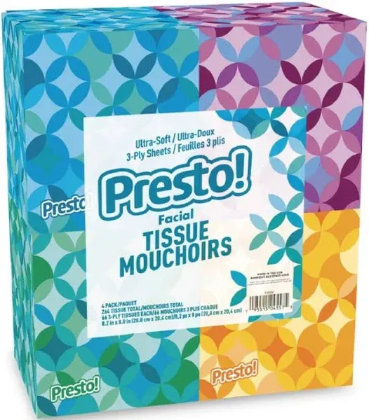 Amazon Brand - Presto! Ultra-Soft 3-Ply Facial Tissues 264 Count (4 Packs of 66)