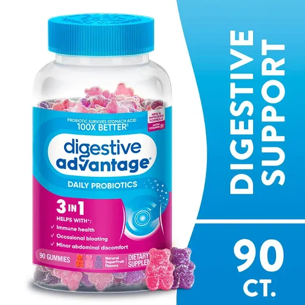 Digestive Advantage Daily Probiotics For Women And Men, Gut Health, Natural Fruit Flavors, 60 Gummies