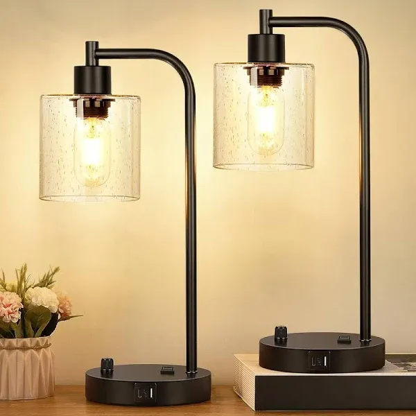 Lynnoland Set of 2 Industrial Table Lamps with 2 USB Port Fully Stepless Dimmable Bedside Lamps