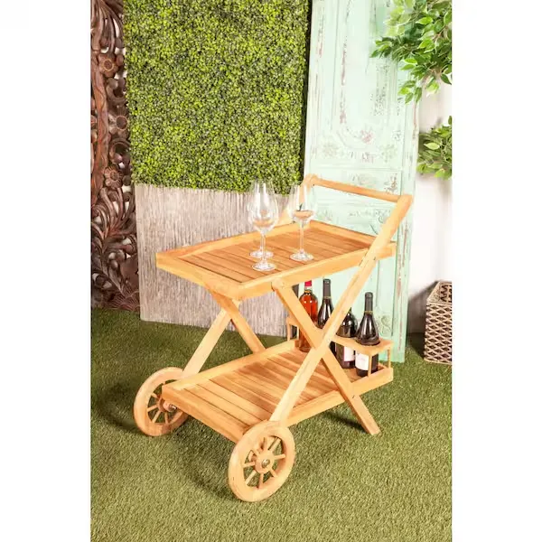 Brown Teak Outdoor Serving Cart