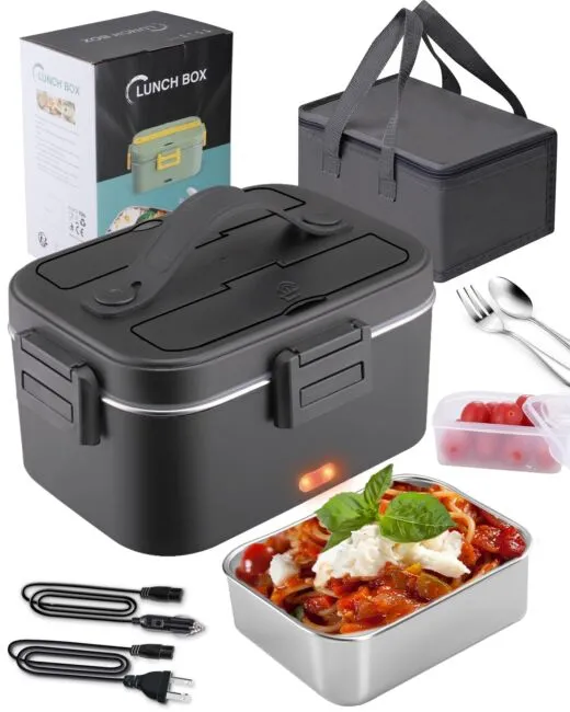 Nifogo Electric Lunch Box for Adults 80W Portable Heated Lunch Box for Men 3 in 1 Portable Food Warmer 110V/12V/24V with 1,8L Removable Stainless Steel Container & Bag(Black)