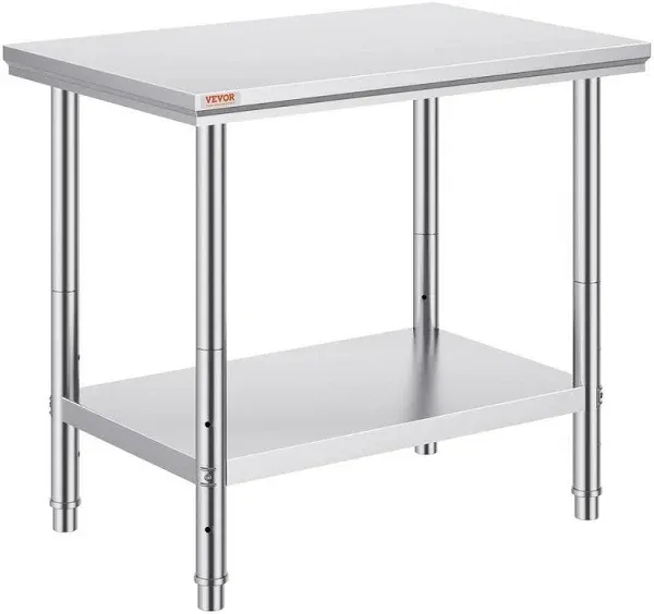 VEVOR Stainless Steel Prep Table 35 x 24 x 31 in. 700 lbs. Silver Heavy Duty Metal Worktable with 3 Adjustable Height Levels 60X90X80CFGZT0001V0-0920