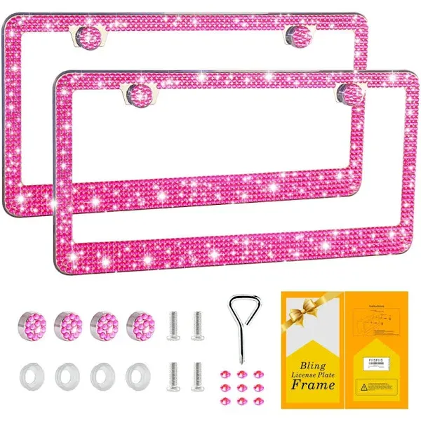 FIISFIIS Bling License Plate Frame for Women,2 Pack Premium Stainless Steel Rhinestone Car License Plate Holder,Handmade Glitter Crystal Diamond