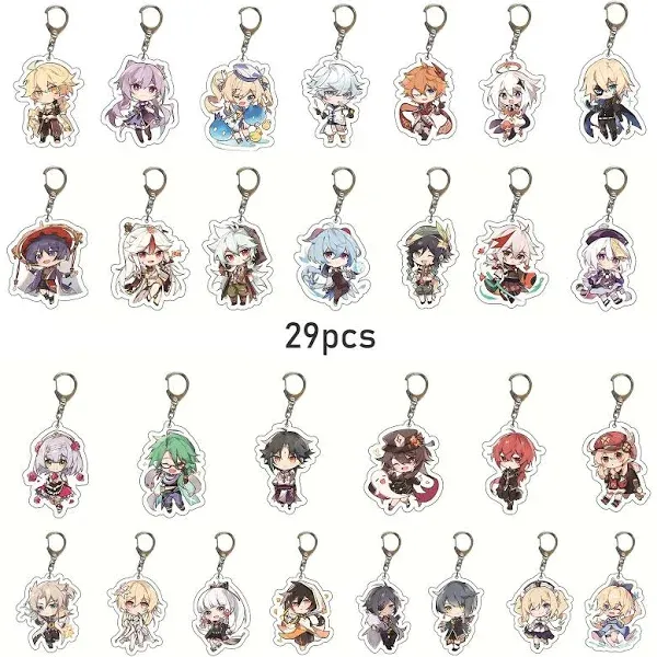 SUREHOME Genshin Impact Keychain set,29 Pack Acrylic Genshin Impact Figure Keychain Cute Feature Design Keyring Exquisite Anime Keychains Genshin Impact Merch Hu tao Ganyu Venti Childe Klee