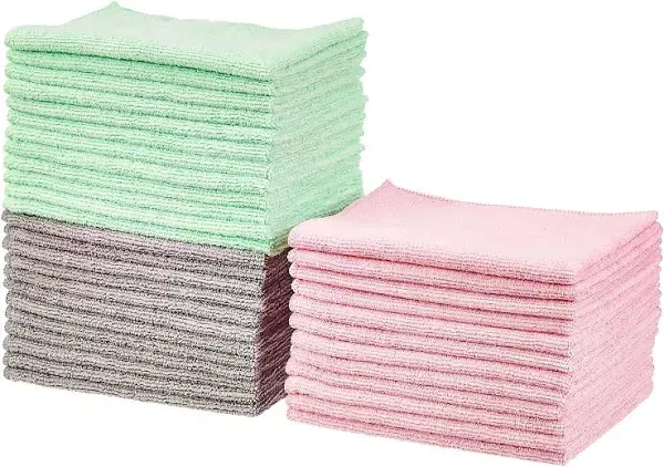 Amazon Basics Microfiber Cleaning Cloths, Free from 24-Pack, Green/Gray/Pin<wbr/>k 