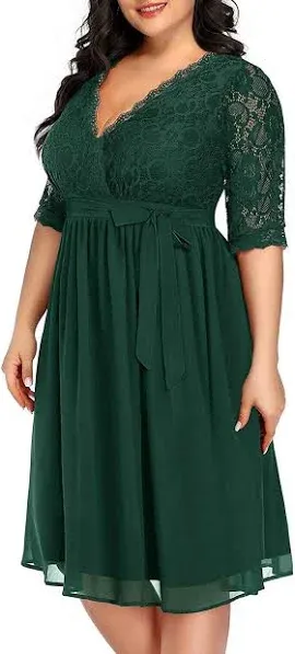 Plus Size Womens Lace Half Sleeve Midi Dress Evening Party Cocktail Ball Gown