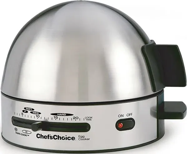 Cook your eggs to perfection with the Chef'sChoice® Gourmet Egg Cooker Model 810, an elegant stainless steel “must-have” kitchen accessory that quickly cooks up to seven eggs, exactly the way you like them. By precisely timing the cooking time, the Model 810 completely eliminates the need to carefully measure the amount of water used; a major disadvantage of most other electric egg cookers. Simply fill to water reservoir line for perfectly cooked eggs. - Stainless Steel - Chef's Choice by EdgeCraft