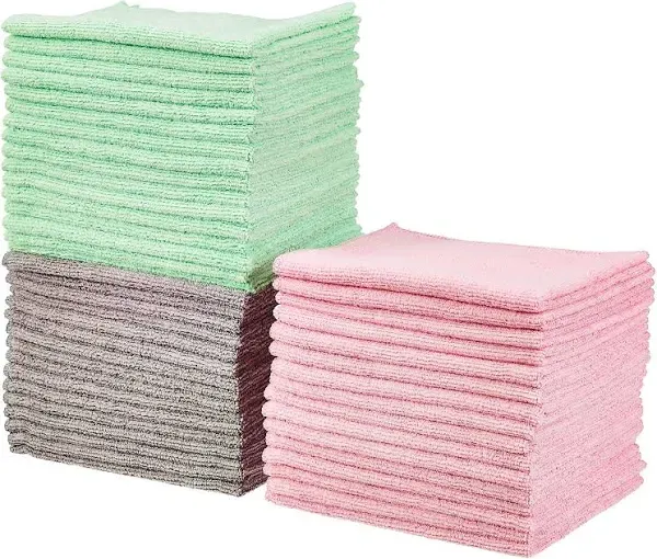 Amazon Basics Microfiber Cleaning Cloths, 48-Pack, Green/Gray/Pin<wbr/>k 