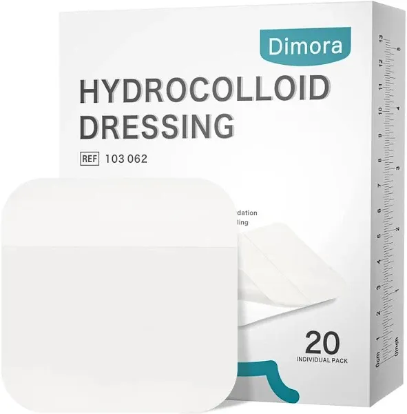 Dimora 20 Pack Hydrocolloid Wound Dressing, Ultra Thin 4" x 4" Large Patch Bandages with Self-Adhesive