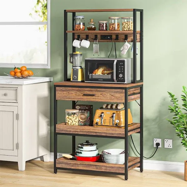 Kitchen Baker’s Rack with Power Outlets, Freestanding 5-Tier Rustic Brown