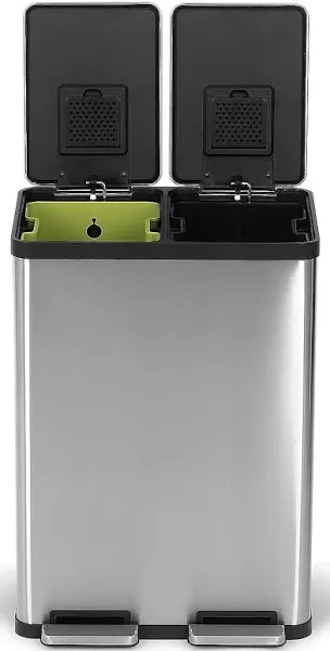 SIMPLI-MAGIC 60 Liter / 16 Gallon Rectangular Hands-Free Dual Compartment Recycling Kitchen Step Trash Can with Soft-Close Lid, Brushed Stainless Steel (30L x 30L Capacity)