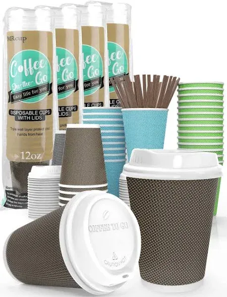 12oz Insulated Triple Wall Paper Coffee Cups with Lids and Straws, 40 Pack, Colorful, Disposable, Leakfree, Hot & Cold Reusable