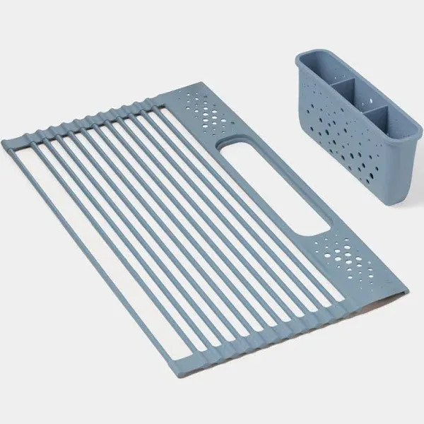 GIR Over-the-Sink Drying Rack - Silicone-Coated Metal Dish Drying Mat with Removable Utensil Caddy - Durable and Heat Resistant Trivet and Cooling Rack, Space-Saving Kitchen Organizer - Slate