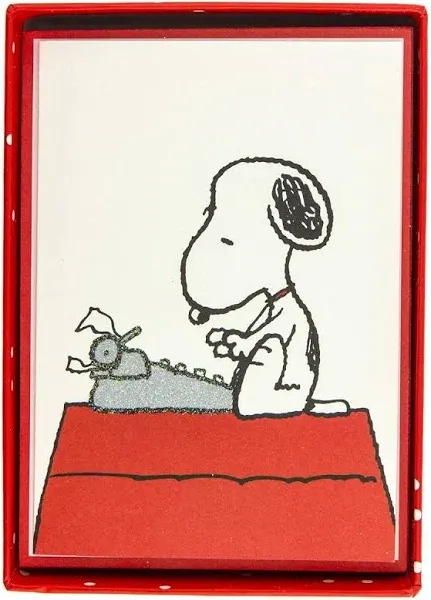 Graphique Peanuts Typewriter Boxed Notecards, 16 Snoopy at Typewriter Cards Embellished with Glitter, with Matching Envelopes and Storage Box, 3.25" x 4.75"