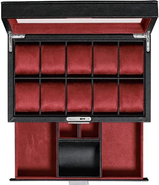  10-Slot Watch Box in Leather with Valet Drawer, Luxury Watch Case Black/Red