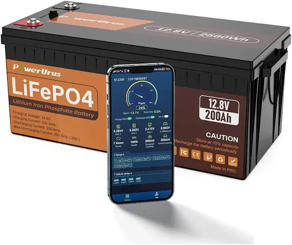 12V 200Ah LiFePO4 Lithium Battery, 4000-8000 Deep Cycle LiFePO4 Battery with Smart APP, Built-in 200A BMS, Wireless Real-Time Battery Monitor Function for RV, Marine, Off Grid Applications