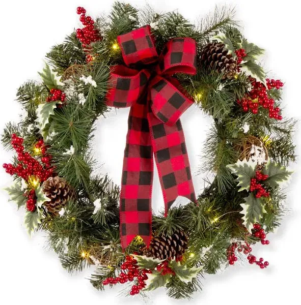 Glitzhome 24" LED Greenery Twig Ball Pinecones Holly Pine Wreath with Timer