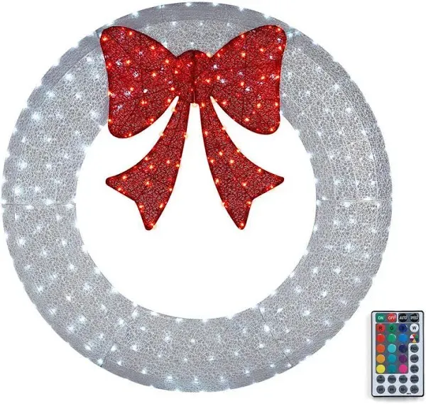 Karl Home 60 in. White Pre-Lit LED Artificial Christmas Wreath with Red Bow and Multi-Color Lights