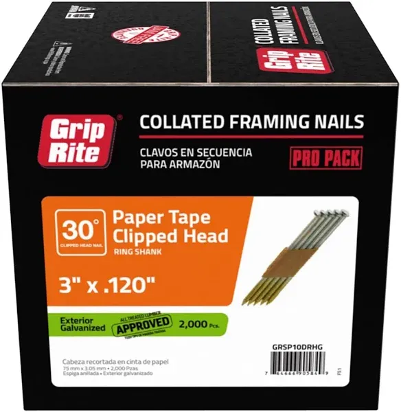 Grip-Rite GRSP10DRHG Short Clipped Head 3-Inch by .120-Inch by 30 Degree Paper Tape Collated Vinyl Coated Hot Dip Galvanized Framing Nail (2,000 per Box)