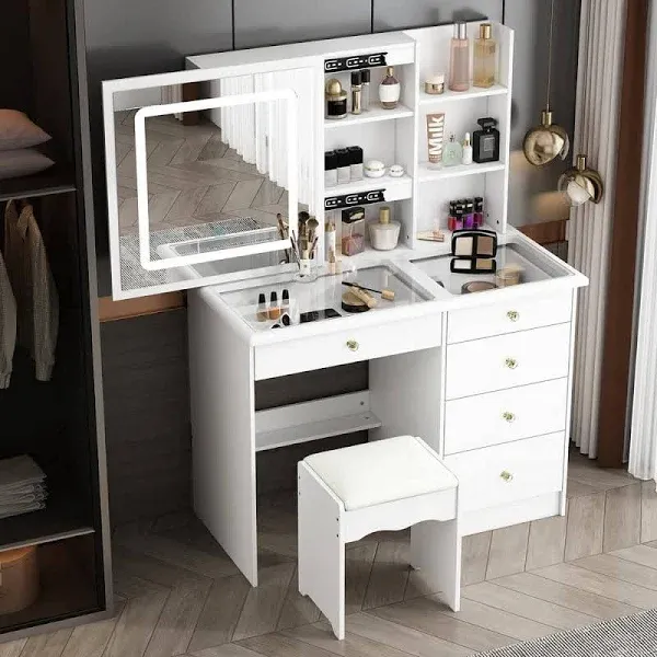 FUFU&GAGA White Makeup Vanity Table with Mirror, Storage Drawer, and Dresser Table