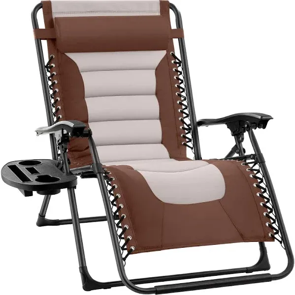 Best Choice Products Oversized Padded Zero Gravity Chair, Folding Outdoor Patio Recliner w/ Side Tray - Brown