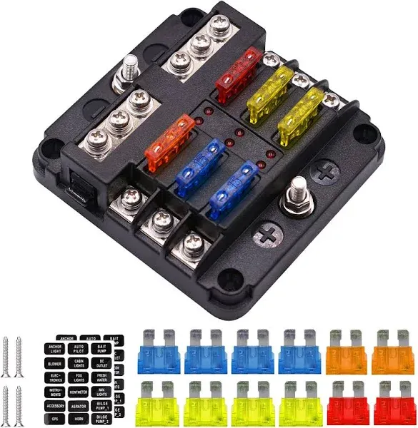 6-Way Fuse Box Blade Fuse Blocks with LED Warning Indicator Damp-Proof Cover for 12V/24V Automotive Car Truck Boat Marine Bus RV Van, 6 Circuit Independent Positive Negative