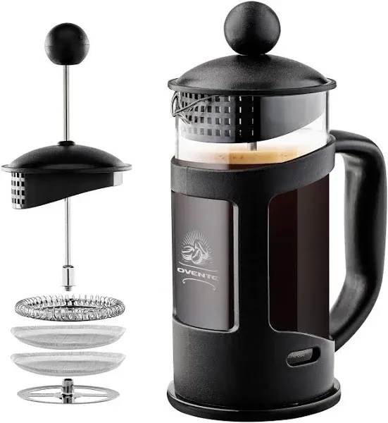 OVENTE French Press Coffee Maker 12 Ounce, Heat Resistant Borosilicate Glass with 4 Filter Stainless-Steel System, BPA-Free Portable Pitcher Perfect for Hot & Cold Brew, Black FPT12B