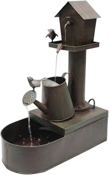 Alpine Corporation Floor Water Fountain 34&#034;x10&#034;x24&#034; Birdhouse Watering Can Brown