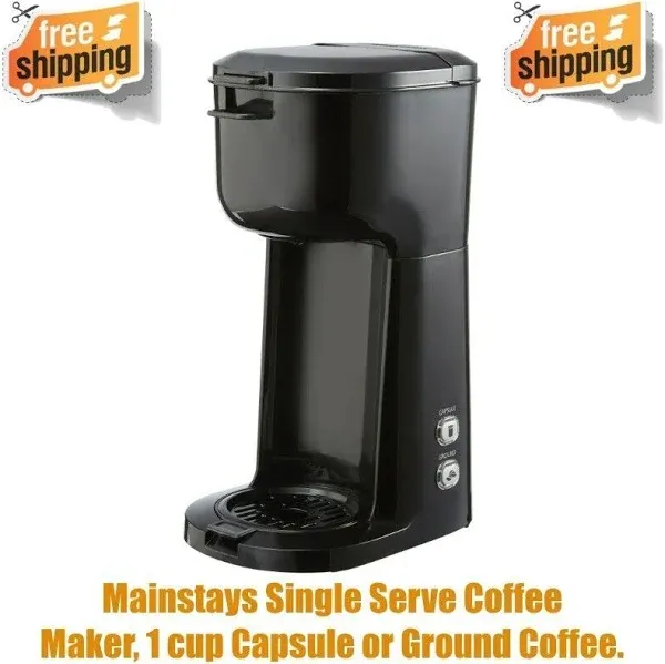 Mainstays Single Serve Coffee Maker, 1 cup Capsule or Ground Coffee, Black, New,