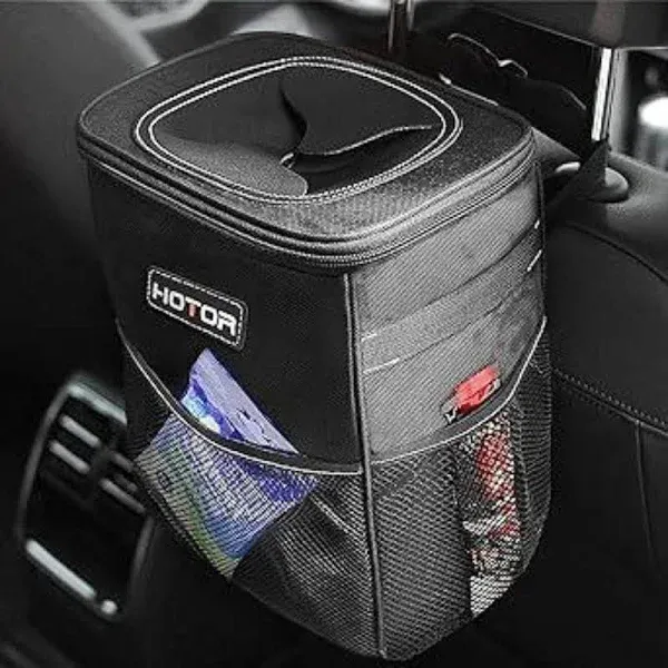 HOTOR Car Trash Can with Lid and Storage Pockets - 100% Leak-Proof Organizer, Waterproof Garbage Can, Multipurpose Trash Bin for Car, 2 Gallons, Black