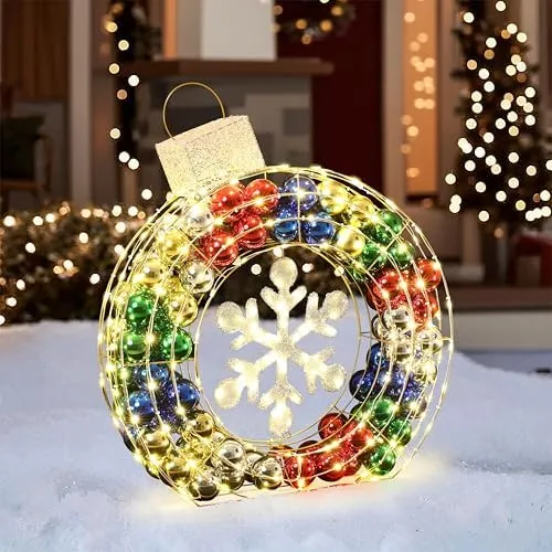 LuxenHome 3Ft Tall Ornament Snowflake Wreath with Lights